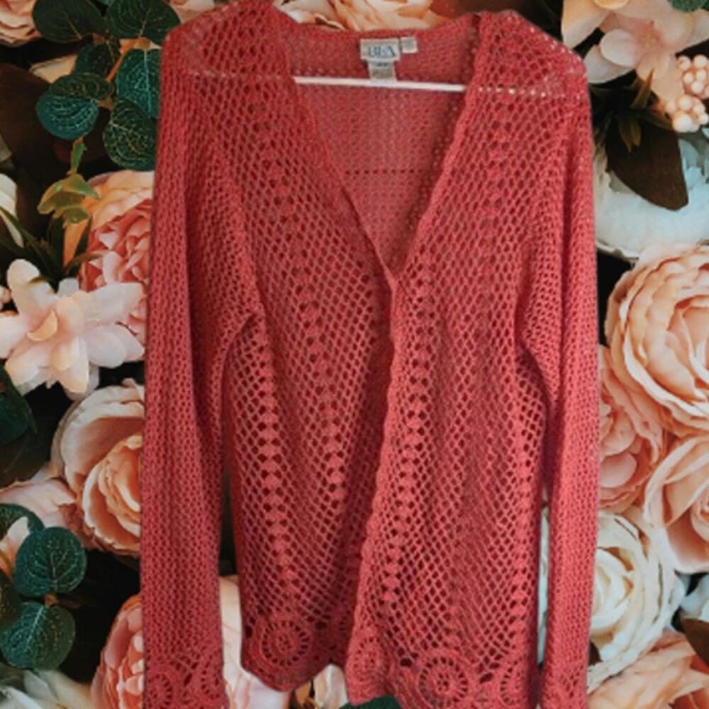 BFA Classics Large coral long sleeve one button closure knit spring sweater